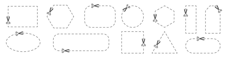 Coupon cut with scissor icon set. Paper school border. Discount line frame. Price tag sign. Silhouette web banner. Sale label template. Cinema festival ticket. Clipart design. Vector illustration