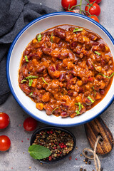 chili con carne beans, corn, meat, tomato healthy meal food snack on the table copy space food background rustic top view