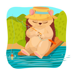 Obraz na płótnie Canvas A cute hedgehog in a hat catches fish. Summer fun. Cheerful porcupine. Vector illustration on a white background.