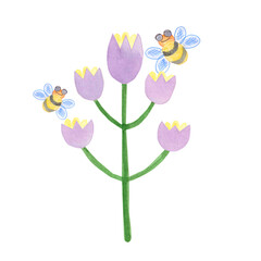 A bee flies near a flower. Cute watercolor illustration.