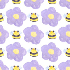 Bees and purple flowers. Watercolor pattern.