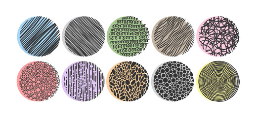 Set of Doodle Hand Drawn Round Backgrounds. Logo templates. Sketched style. Decorative round blots for your design