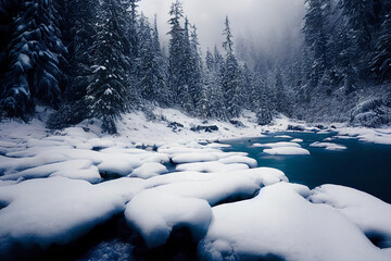 climate change wonder frozen river among conifer forest with snow on the ground in carpathian mountains 3d render background. - obrazy, fototapety, plakaty