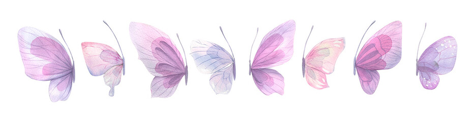 Delicate, beautiful, pink and lilac butterflies, side view. A set of watercolor isolated illustrations. For decoration and design, weddings and romantic compositions, children's and women's prints.