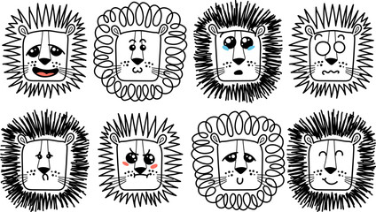 Isolated doodle cute Lion emoticons. Cute set of vector animals with emotions. Cartoon feline, lion for print, children and baby development