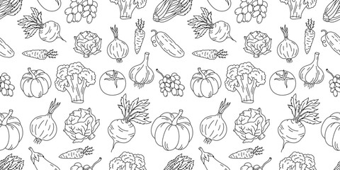 Vegetables seamless pattern background. Editable stroke thickness. Vector contour line.