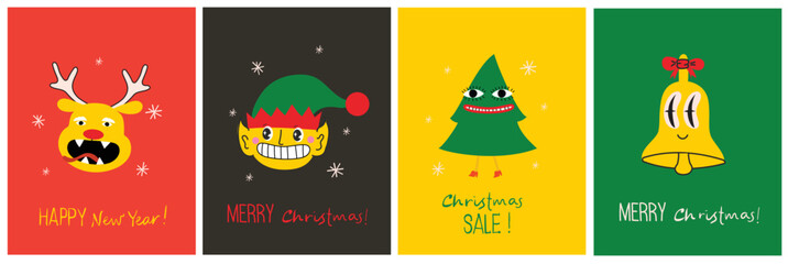 Merry Christmas and Happy New Year 2023. Vector trendy abstract illustrations of holiday card with santa claus, deer, crazy geometric shapes, christmas tree and wreath for poster.