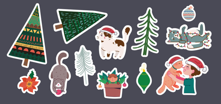 Vector set of christmas stickers. Hand drawing winter background with fir tree, Christmas ornaments, stars and snowflakes. Holiday poster with Christmas symbols.