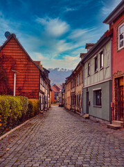 Fototapeta na wymiar View of old town in Europe in beautiful evening light at sunset. Germany.