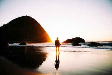 Rear view of man standing at beach during sunset