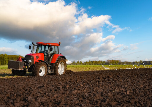 Roter Traktor mit Pflug, beim pfl&uuml;gen eines Feldes.