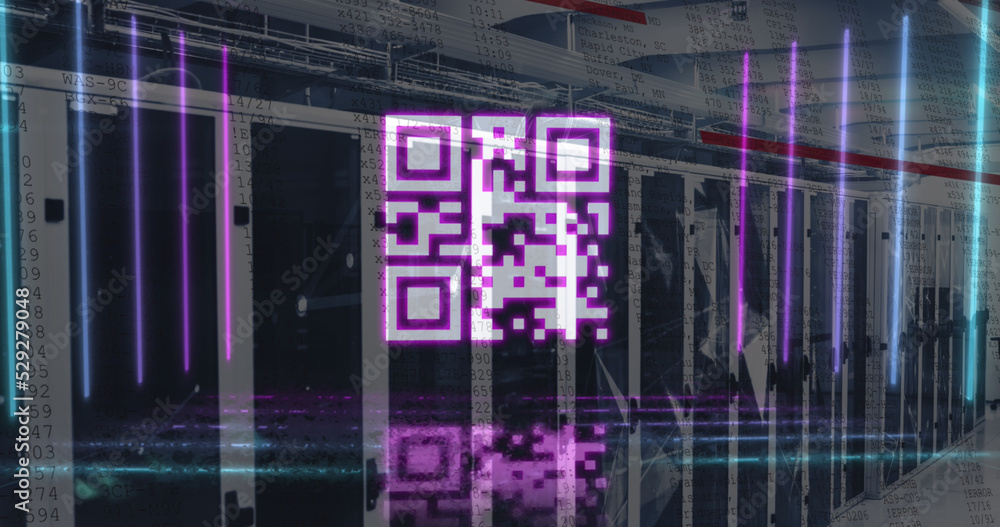 Poster digital composite of pink glowing qr code with multicolored lines against server room
