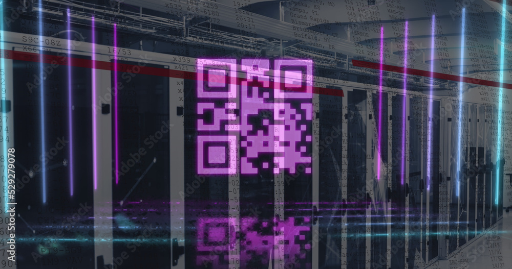 Poster digital composite of pink glowing qr code with multicolored lines against server room