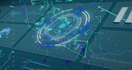 Image of digital circles, dots connected with lines and programming codes on interface screens