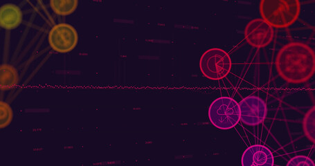 Image of digital computer icons interconnecting with lines and programming language data