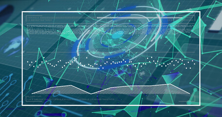 Image of digital circles, dots connected with lines and programming codes moving on screens