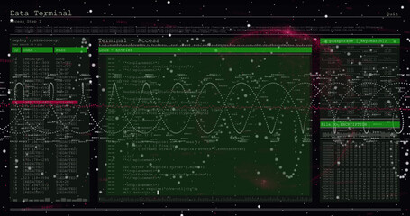 Image of digital interface screen with programming language and spiral patterns moving in loop