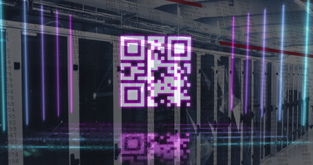 Digital composite of pink glowing qr code with multicolored lines against server room