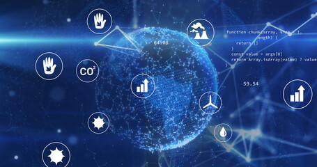 Image of computer icons with dots connected with lines and programming data against globe