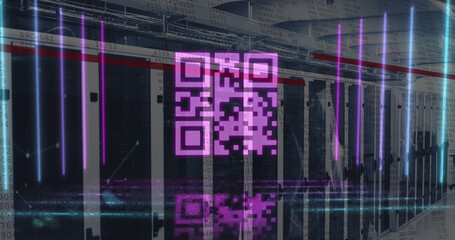 Digital composite of pink glowing qr code with multicolored lines against server room