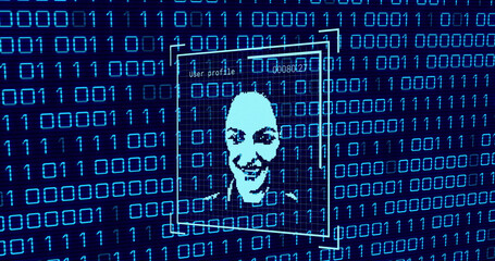 Image of user photo and binary code on navy background