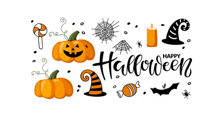 Halloween attributes. Black orange set. Pumpkins, candle, witch hat, bat, spider, cobweb, candy, calligraphy lettering. Hand drawn autumn vector collection. Halloween holidays design in flat style.