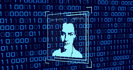 Image of user photo and binary code on navy background