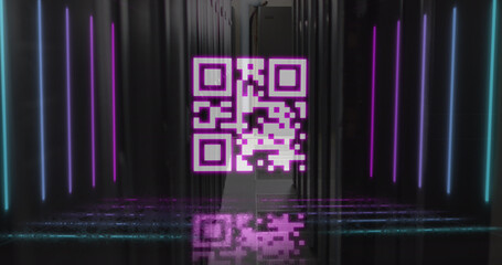 Image of qr code over servers