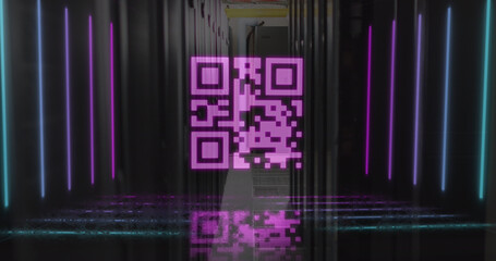 Image of qr code over servers