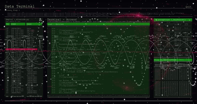 Image of digital interface screen with programming language and spiral patterns moving in loop - Powered by Adobe