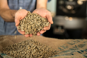 Cropped image of man holding coffee beans