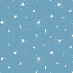 Fototapeta na wymiar Christmas seamless pattern with snowflakes and stars. New year illustration in flat style. Vector background for wrapping paper, banners, web, scrapbooking, texstille