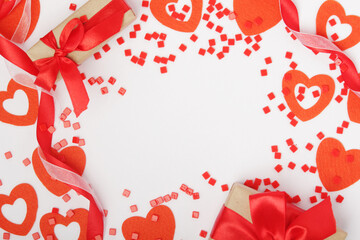 Background wit red ribbon and bright hearts for Valentine day decoration	