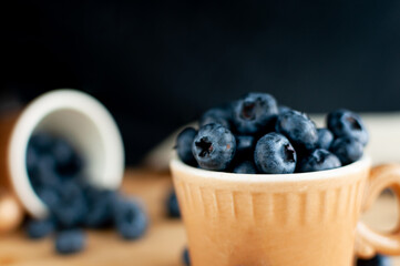 Fresh blueberries in terracotta cup. Close up.. Selective focus.