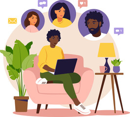 Concept of social promotion, refer a friend, refer and earn. Referral marketing. African woman sitting with laptop on armchair. 