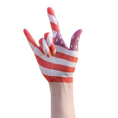 hand gesturing with american flag tattoo, communication and nation concept
