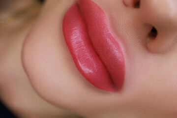 close-up of the lips of a girl model on which permanent lip makeup is performed