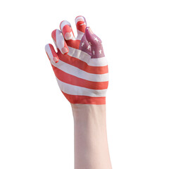 hand gesturing with american flag tattoo, communication and nation concept