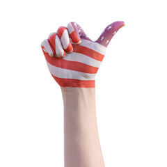 hand gesturing with american flag tattoo, communication and nation concept