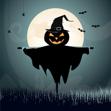 Halloween background with scary scarecrow in field vector image.