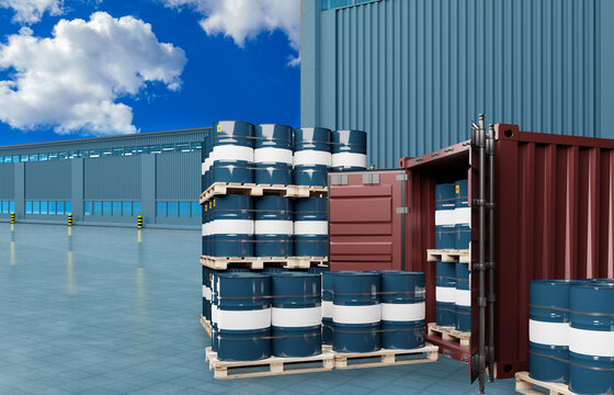 Chemical warehouse with metal drums. Barrels. Warehouse of chemical products. Metal barrels are blue. 200 liter barrel of gasoline in metal container. 3D image