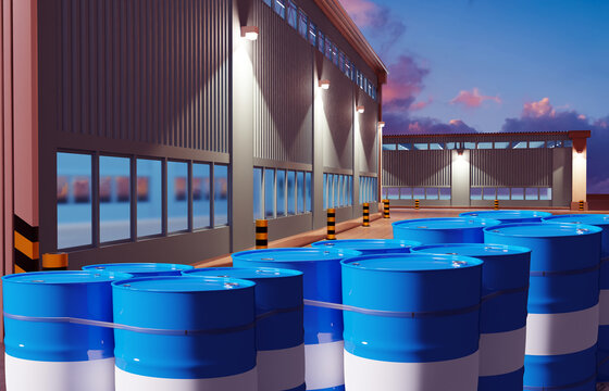 Chemical warehouse with metal drums. Barrels. Warehouse of chemical products. Metal barrels are blue. 200 liter barrel of gasoline in metal container.