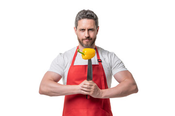 greengrocer man in apron with sweet pepper vegetable and knife isolated on white