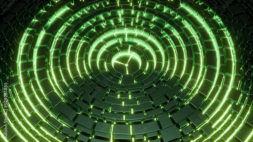 Poster rotating technological circles with neon lines. design. futuristic 3d circles rotate with neon lines