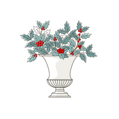 Natural forest bouquets in vases set for Christmas decoration. Floral arrangements. Evergreens, conifers, berries, leaves, thorns, cones. 