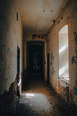 hallway in old abandoned building, sunlight, play of light and shadows