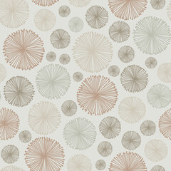 Circle texture with radial stripes. Vector seamless pattern. Pale gray and brown. Starburst with hand-drawn lines. For wrapping, fabric, wallpaper or cards.