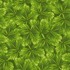 A pattern of bright green strawberry leaves