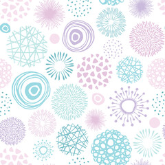 Vector seamless pattern. Circle texture with doodle and scribble shaps. Hand drawn shapes. Pink and blue. Background for wrapping, fabric, wallpaper or cards.