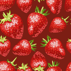 A pattern of juicy strawberries on a red background